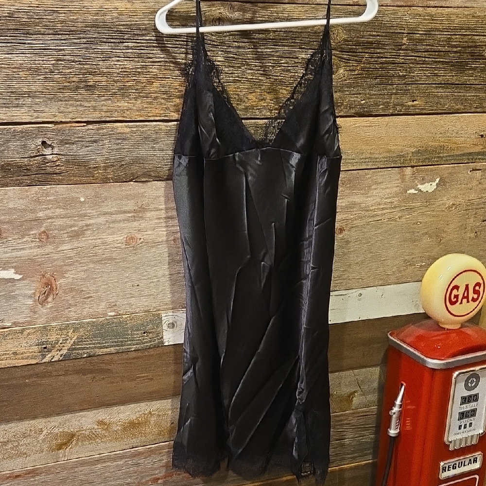 Black Lace Trim Satin Slip Dress - Women Intimates & Sleepwear